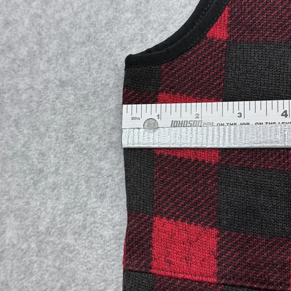 LL Bean Sweater Fleece Long Vest Womens Small Red Buffalo Plaid Full Zip Pockets